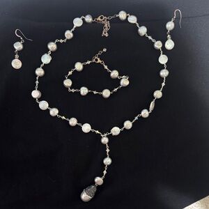 Pearl Drop Y- Necklace and Earring Set - White Pearlescent
